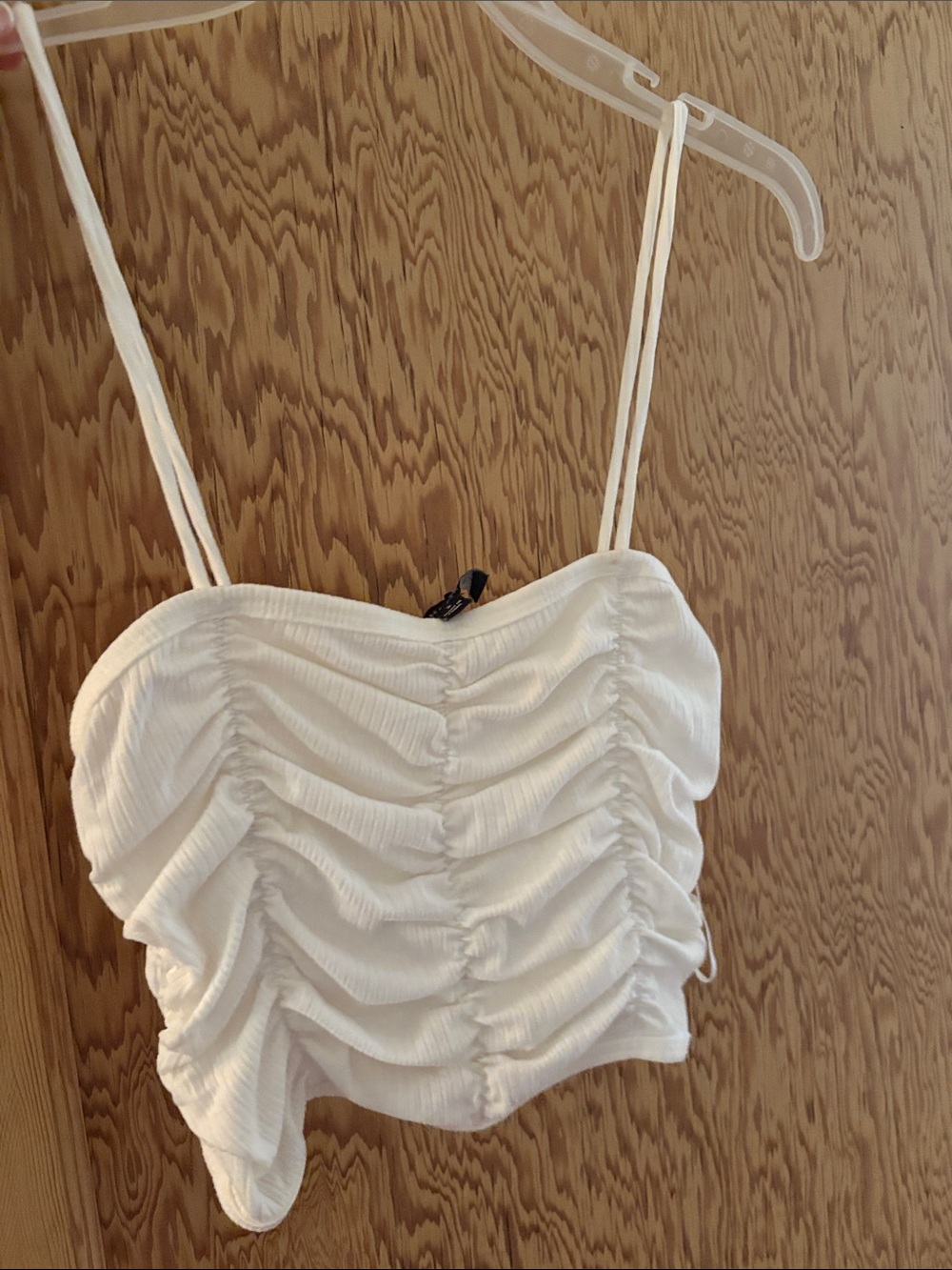 Ruched White Spaghetti-Strap Crop Top